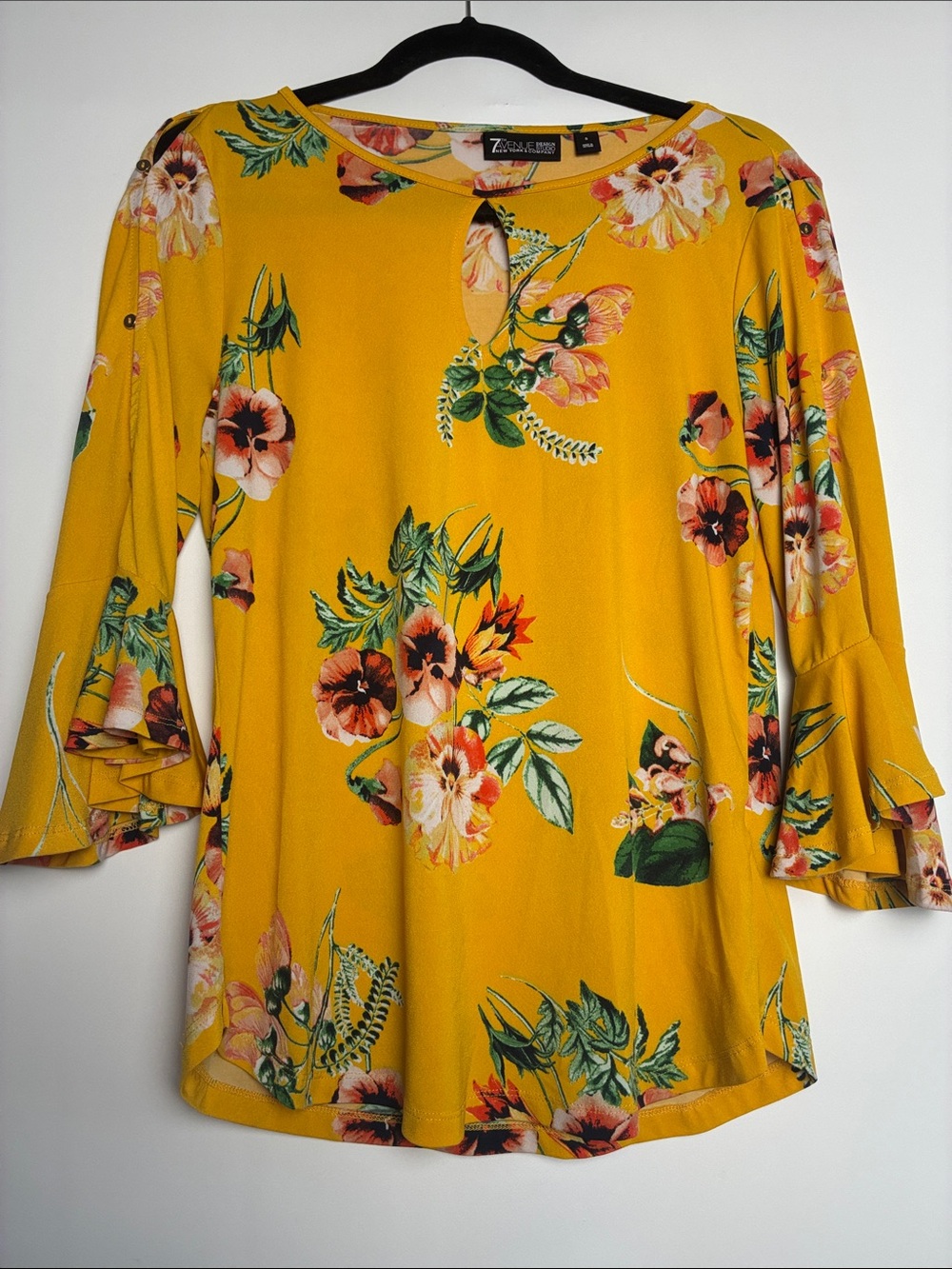 7TH Avenue Mustard Yellow Floral Bell-Sleeve Blouse